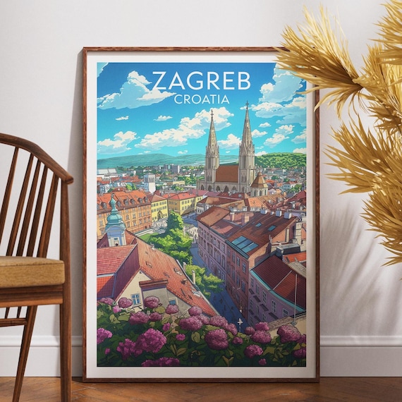Zagreb Croatia Cathedral Twin Spires Red Roofs Retro Travel Poster