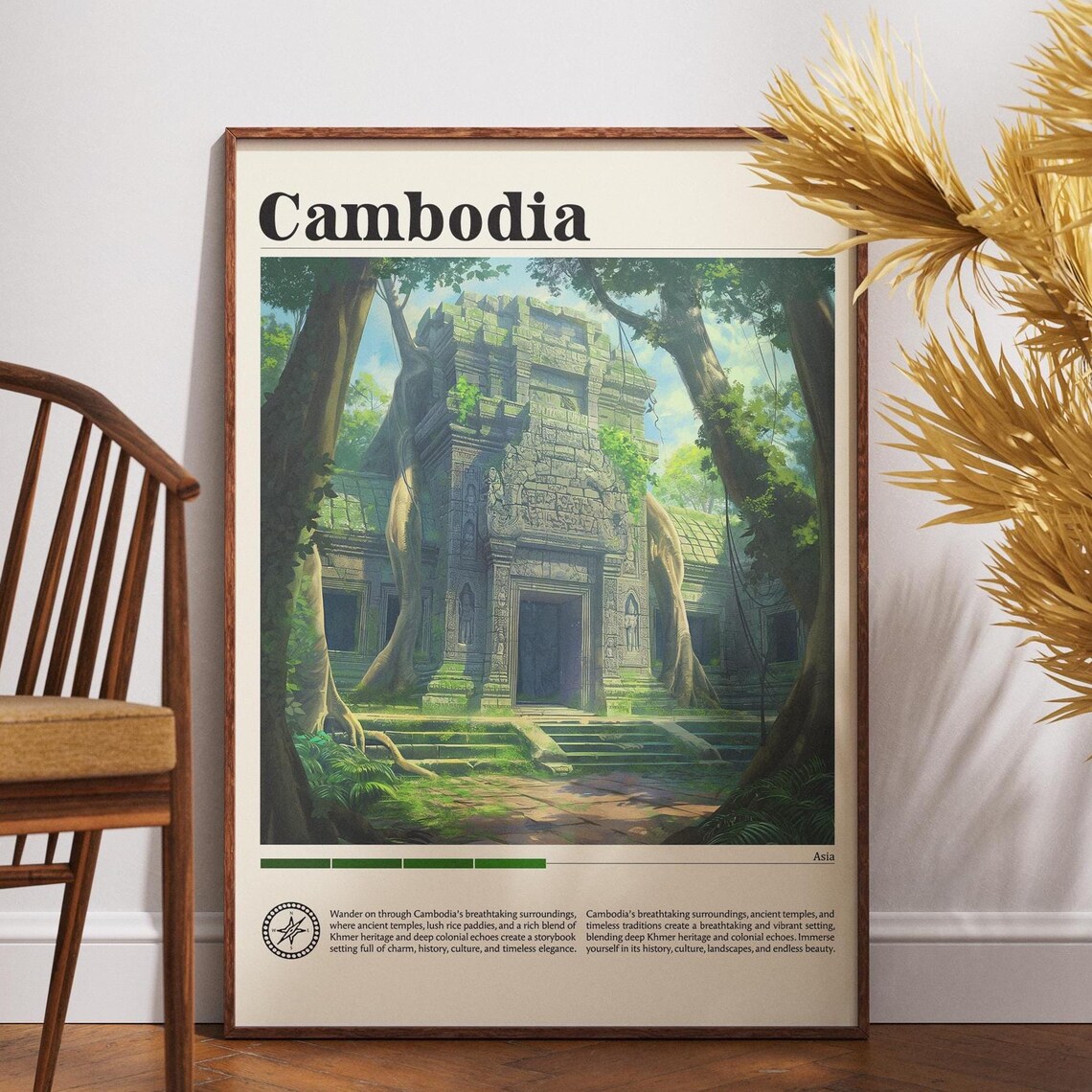 Cambodia Ancient Temple Jungle Roots Vintage Travel Poster Art