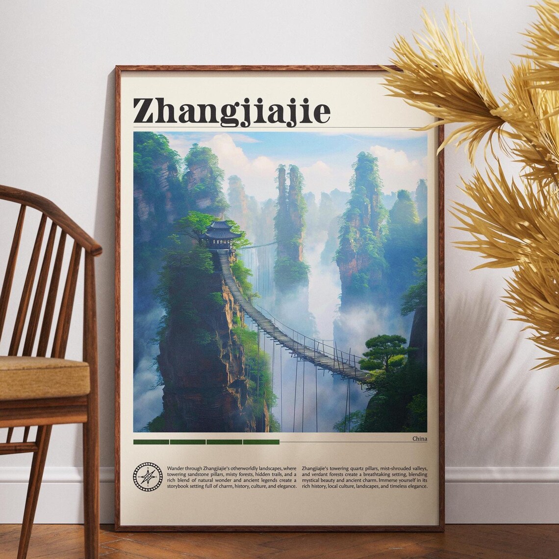 Zhangjiajie Travel Poster China Misty Stone Pillars Glass Bridge Art