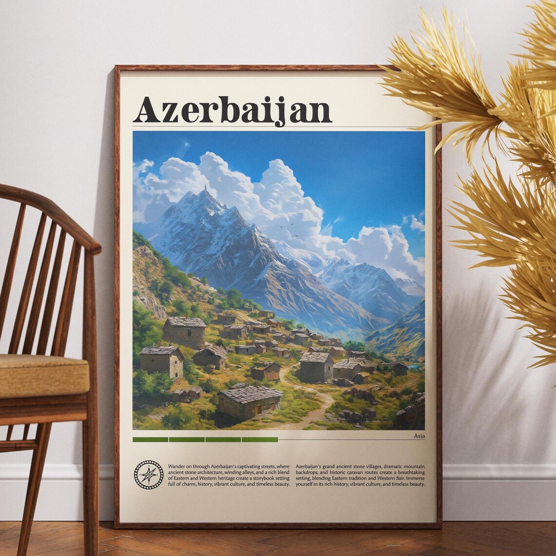 Azerbaijan Mountain Village Stone Houses Snow Peaks Travel Poster