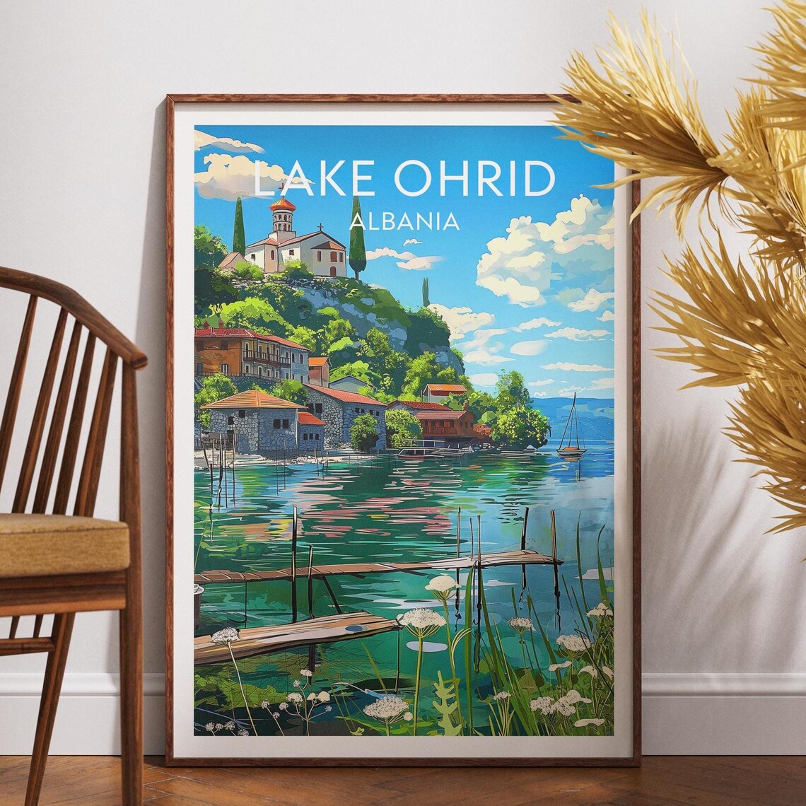Lake Ohrid Albania Vintage Travel Poster Lakeside Church Scene