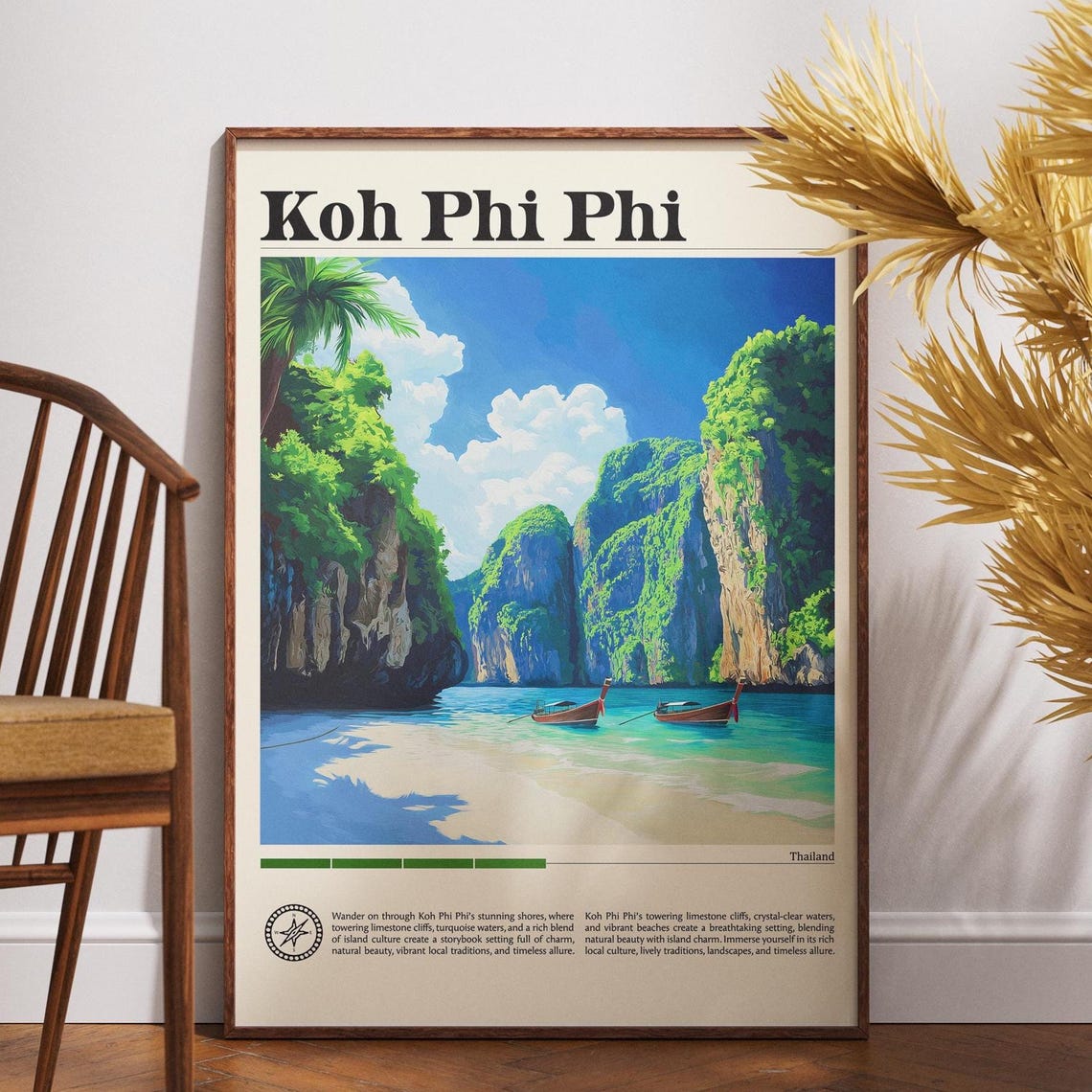Koh Phi Phi Thailand Travel Poster Limestone Cliffs Lagoon Boats
