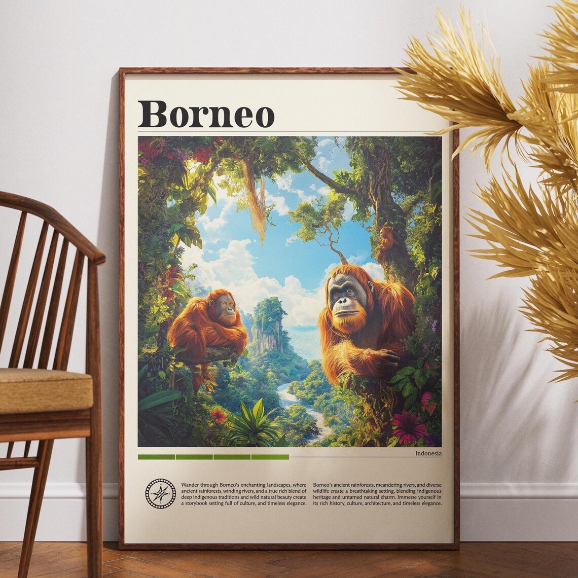 Borneo Indonesia Orangutan Rainforest Vintage Style Travel Poster