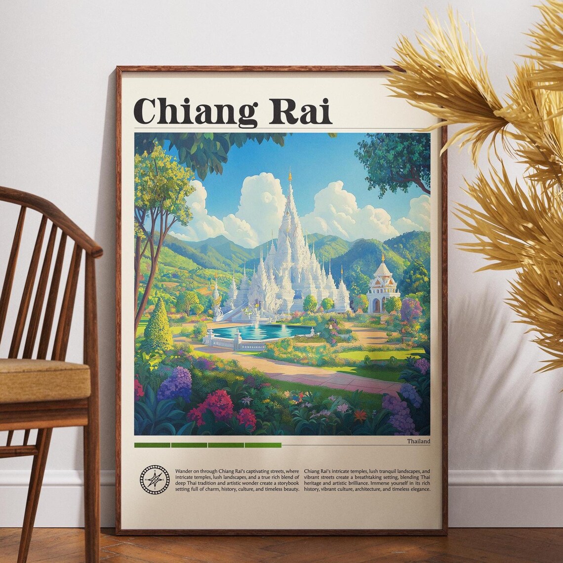 Chiang Rai Thailand White Temple Ornate Architecture Retro Travel Poster