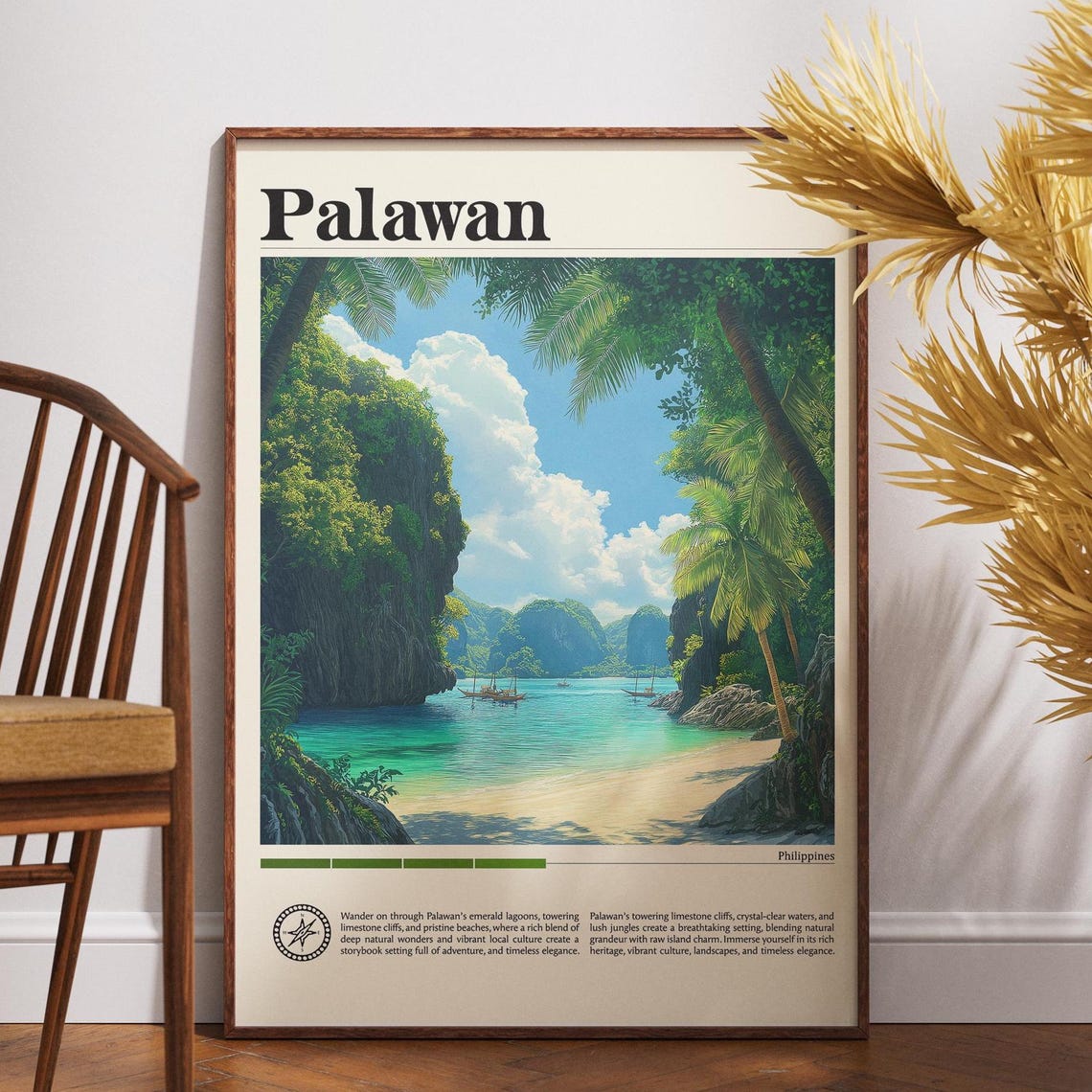 Palawan Philippines Emerald Lagoon Cliffs Vintage Travel Poster