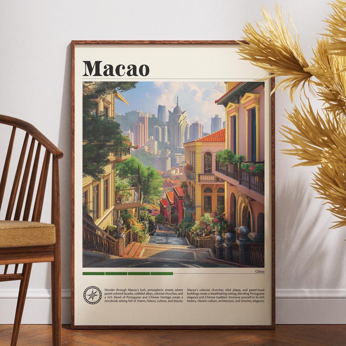 Macao China Colonial Street Pastel Houses Vintage Travel Poster