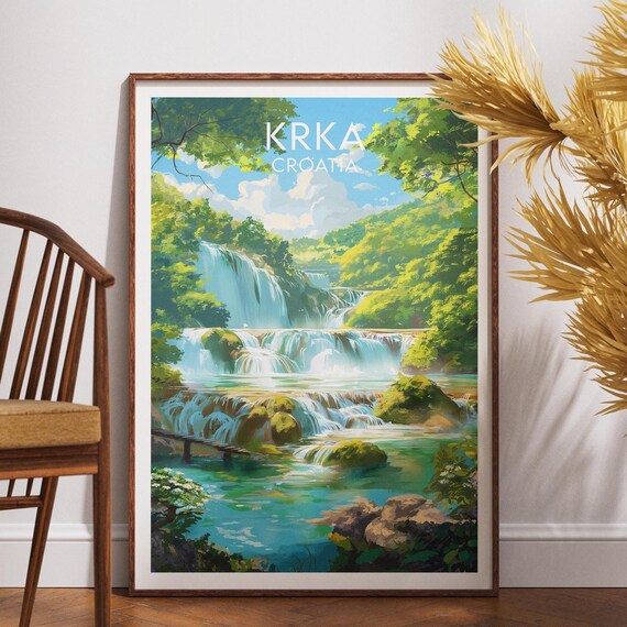 Krka Croatia Waterfall Travel Poster Cascading Falls Forest Nature Art