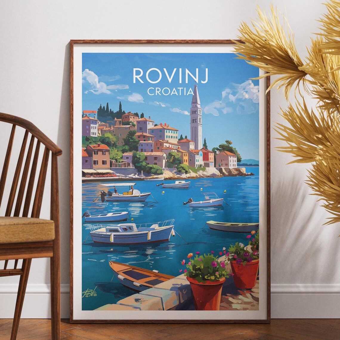 Rovinj Croatia Istrian Harbour Sailboats Retro Travel Art Poster