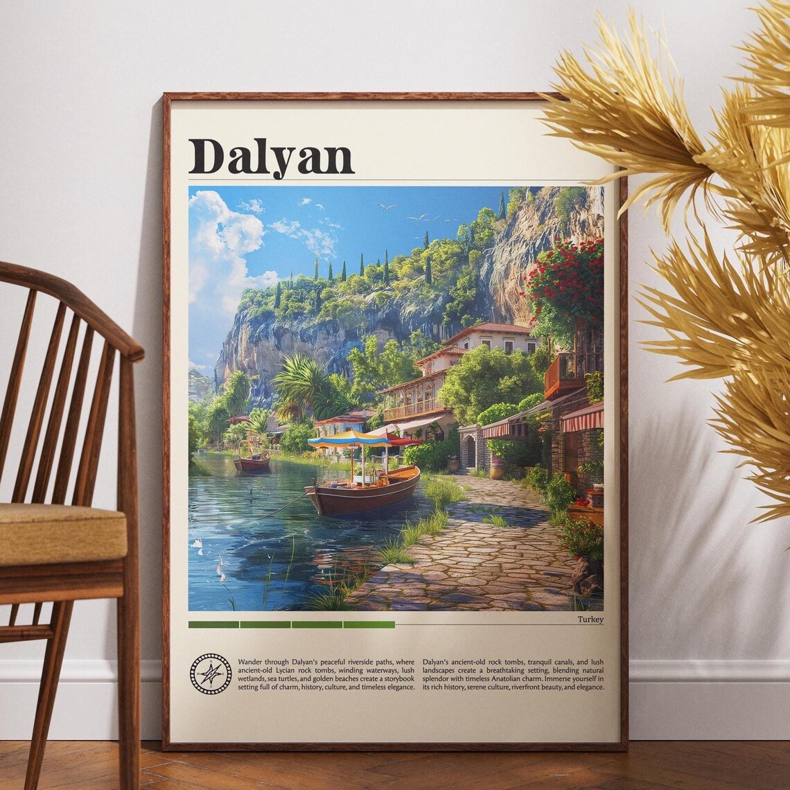 Dalyan Turkey Travel Poster Riverside Village Boat and Lush Cliffs