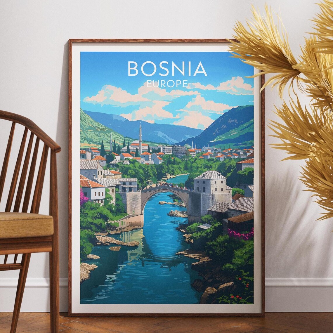 Bosnia Vintage Travel Poster of Mostar Old Bridge Europe Charm