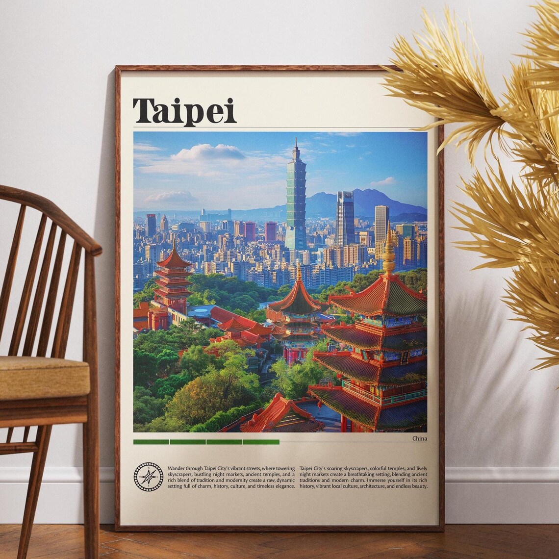 Taipei Travel Poster City Skyline 101 Tower Temples Asia Wall Decor