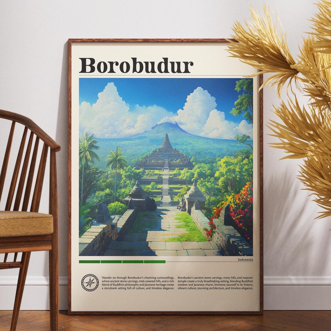 Borobudur Indonesia Temple Volcano Sunrise Travel Art Poster
