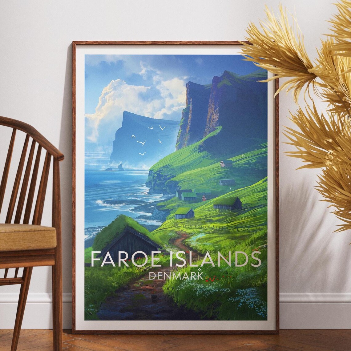 Faroe Islands Denmark Cliffs Green Valleys Coastal Travel Poster