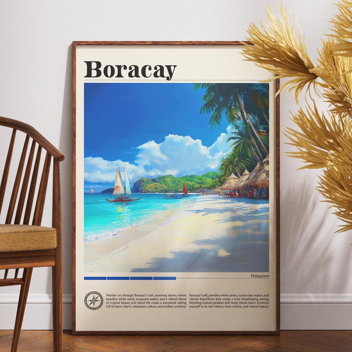 Boracay Philippines Paraw Sailboats White Sand Beach Vintage Poster