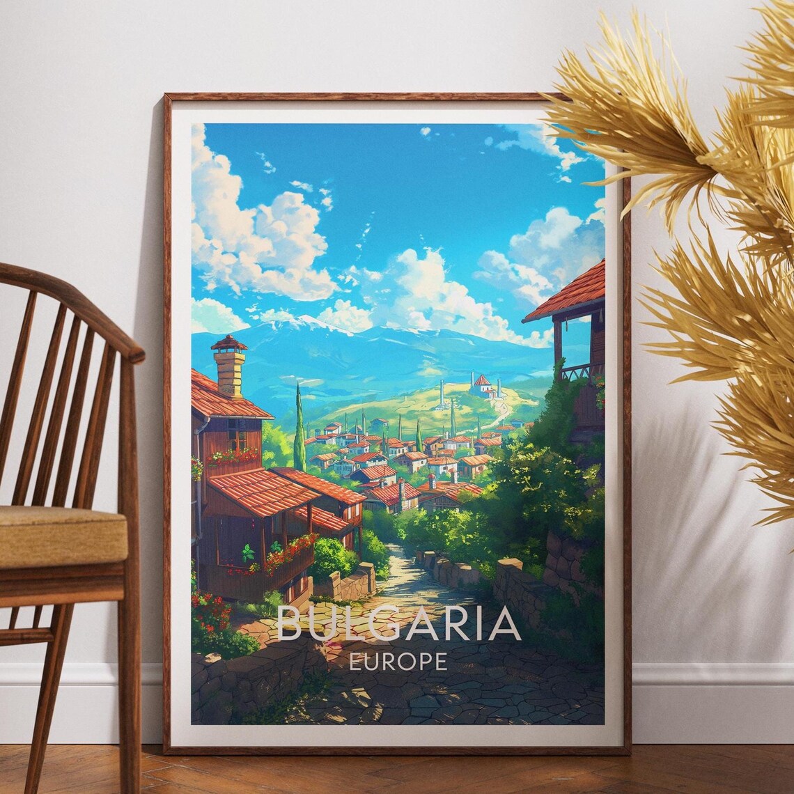 Sunny Bulgaria Europe Colorful Travel Poster Village Mountains