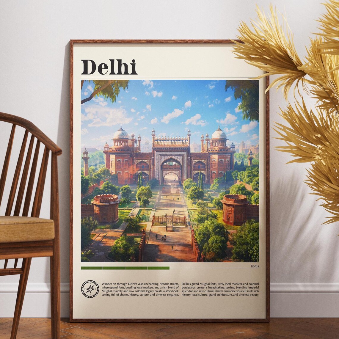 Delhi India Vintage Travel Poster Red Fort Mughal Gateway Heritage Art