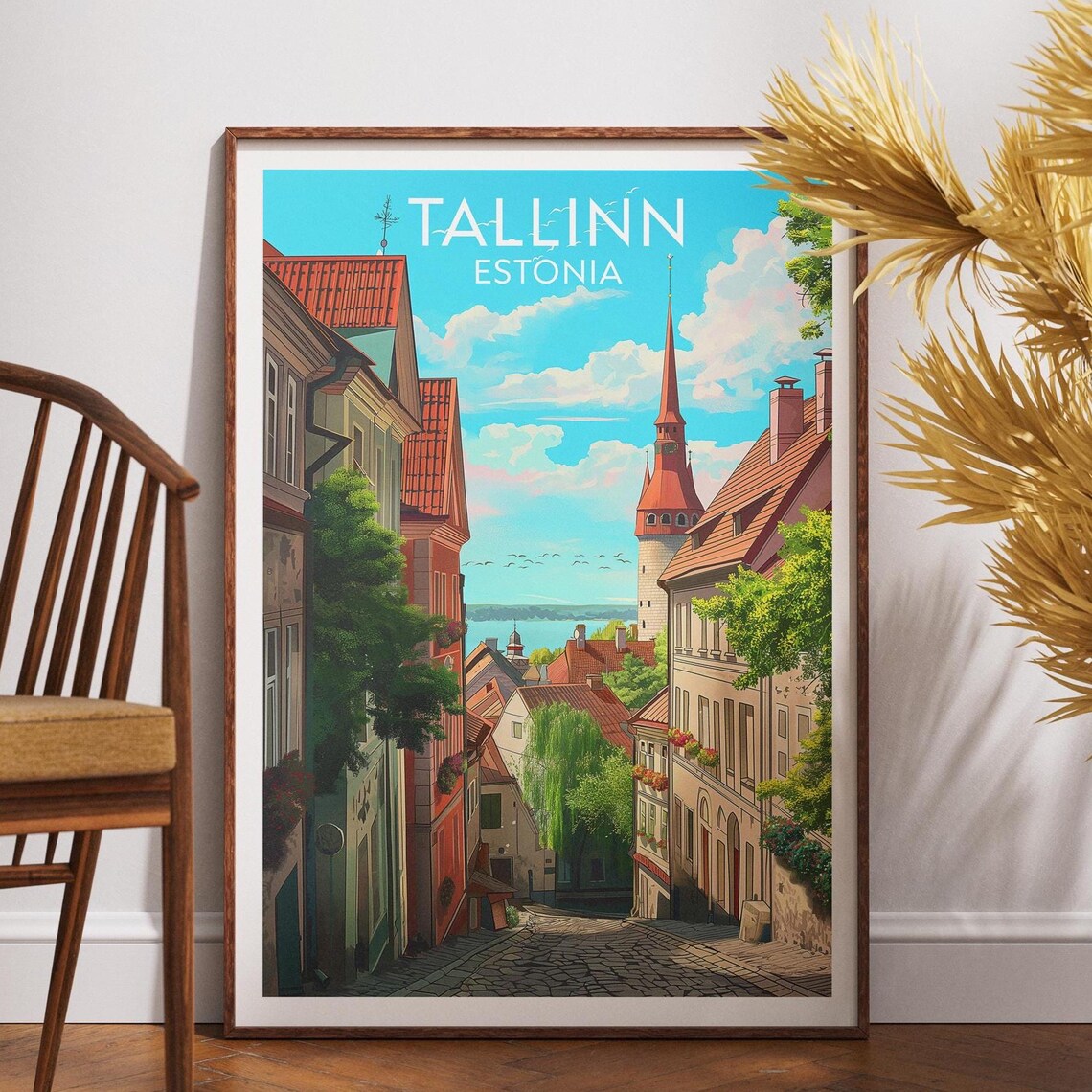 Tallinn Estonia Travel Poster Old Town Cobblestone Street Church Tower