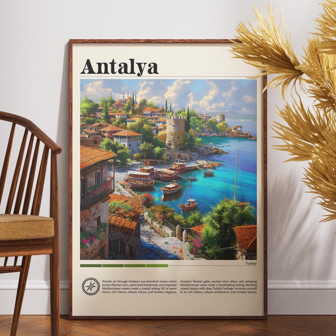 Antalya Turkey Travel Poster Old Harbor Castle Tower and Fishing Boats