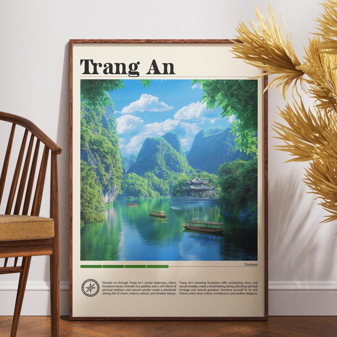 Trang An Vietnam Limestone Karst River Boats Vintage Travel Poster
