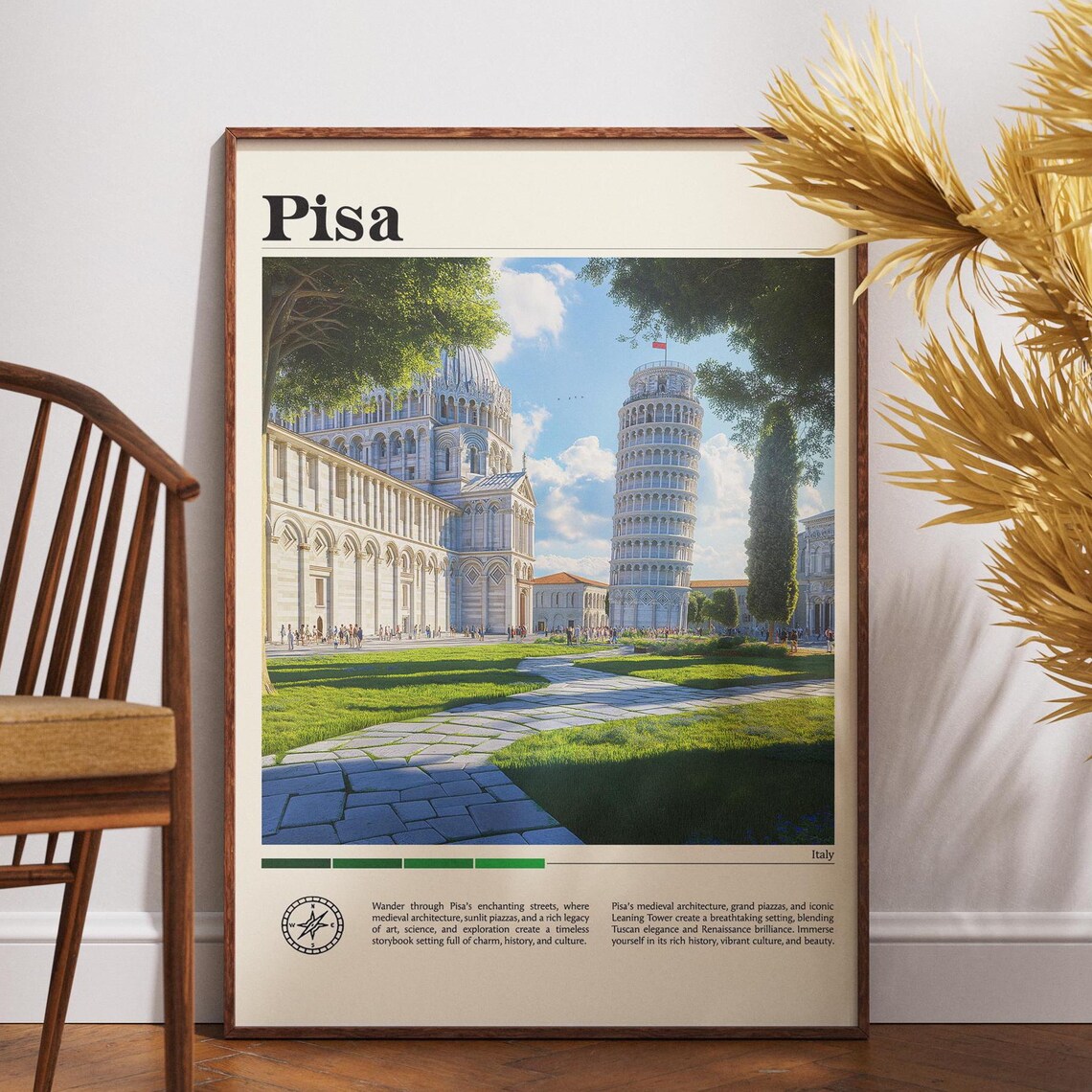 Pisa Italy Leaning Tower and Cathedral on Green Square Travel Poster