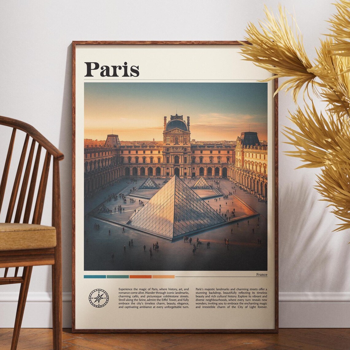 Paris Louvre Museum Glass Pyramids at Golden Sunset Travel Poster