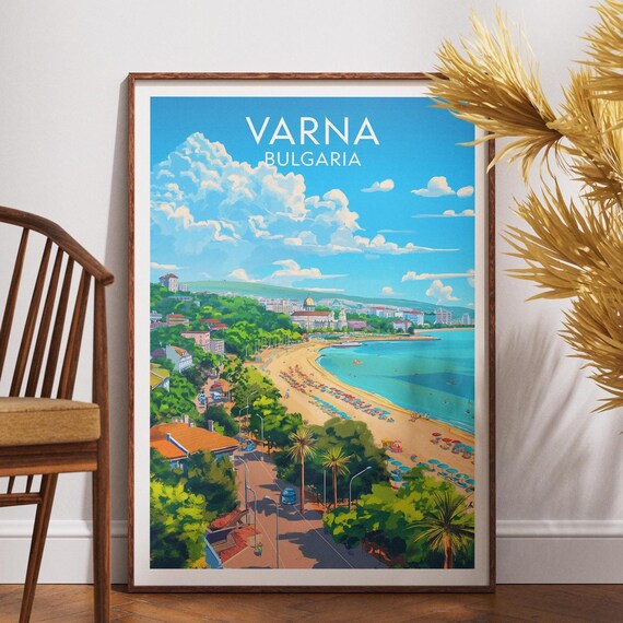 Varna Bulgaria Beach Umbrellas Black Sea Retro Travel Art Poster