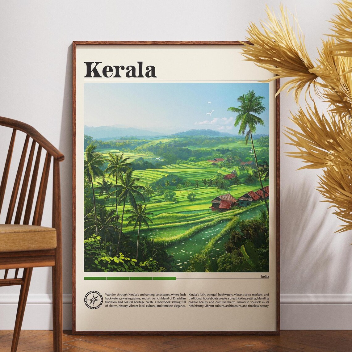 Kerala India Travel Poster Rice Paddies Palm Trees Backwaters
