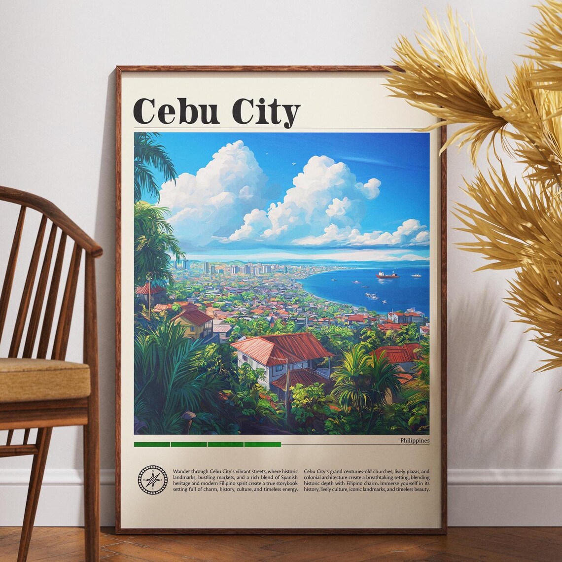 Cebu City Philippines Poster Coastal Panorama Red Rooftops Sea View
