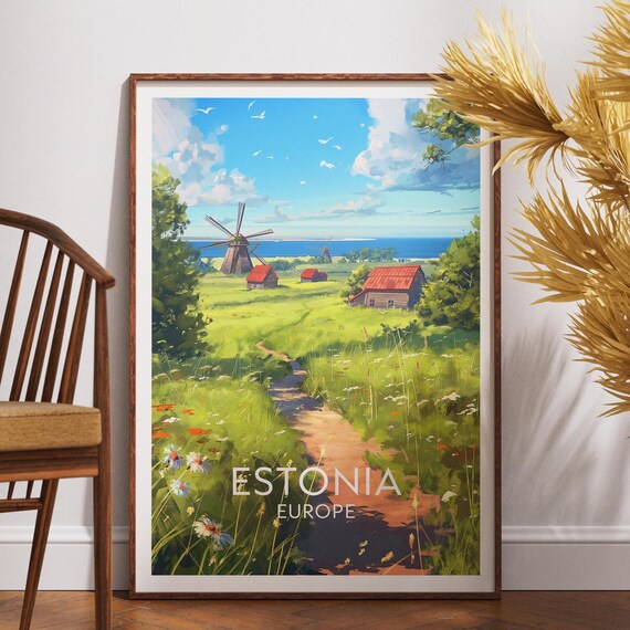 Estonia Travel Poster Countryside Windmill Farmhouse Coastal Meadow Art