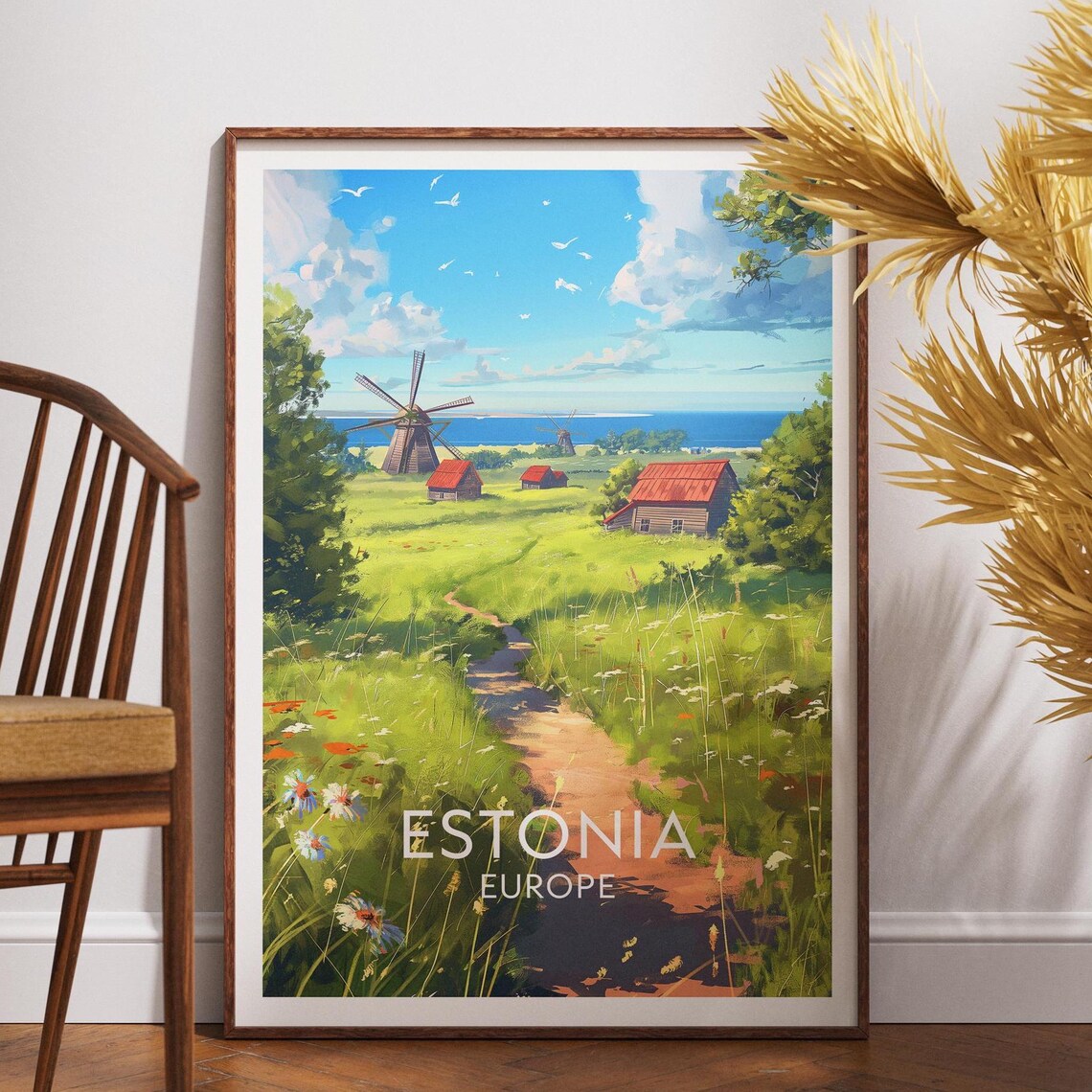Estonia Travel Poster Countryside Windmill Farmhouse Coastal Meadow Art