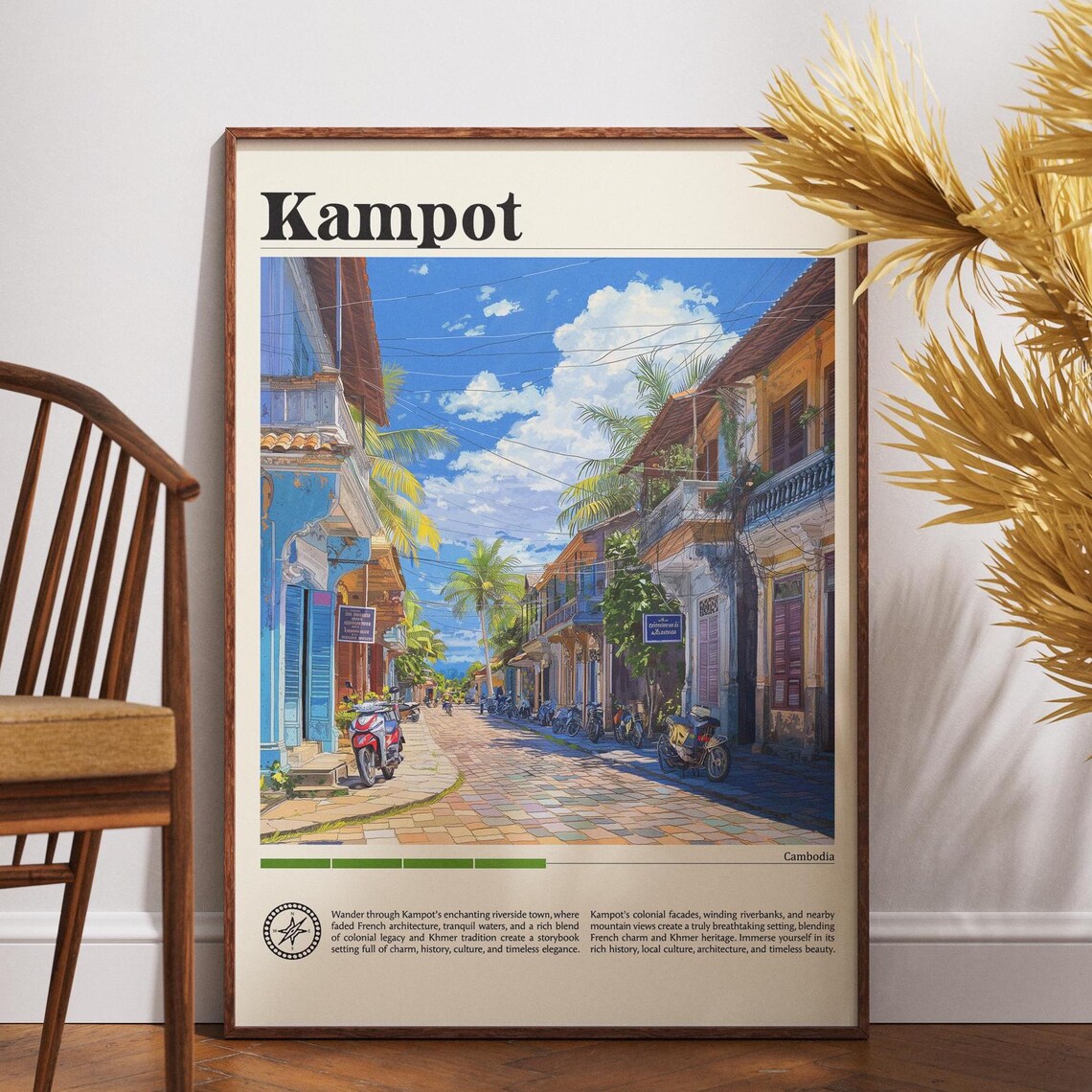 Kampot Cambodia Colonial Street Palm Trees Sunny Travel Poster