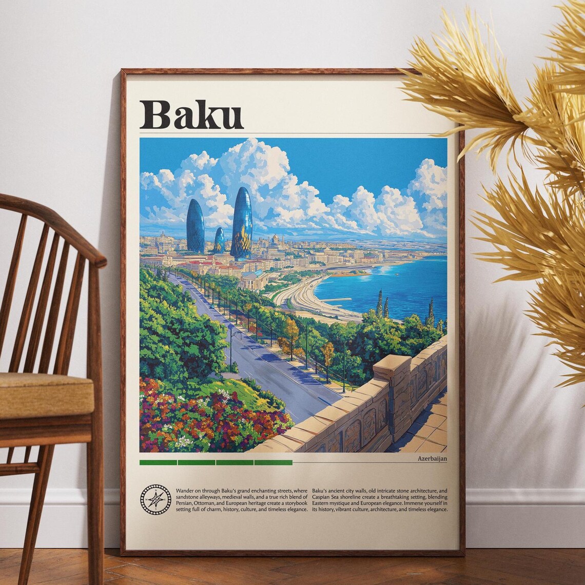 Baku Azerbaijan Flame Towers Caspian Sea Modern Skyline Travel Poster