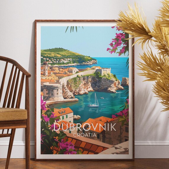 Dubrovnik Croatia Old Town Sea Cliffs Retro Travel Art Poster
