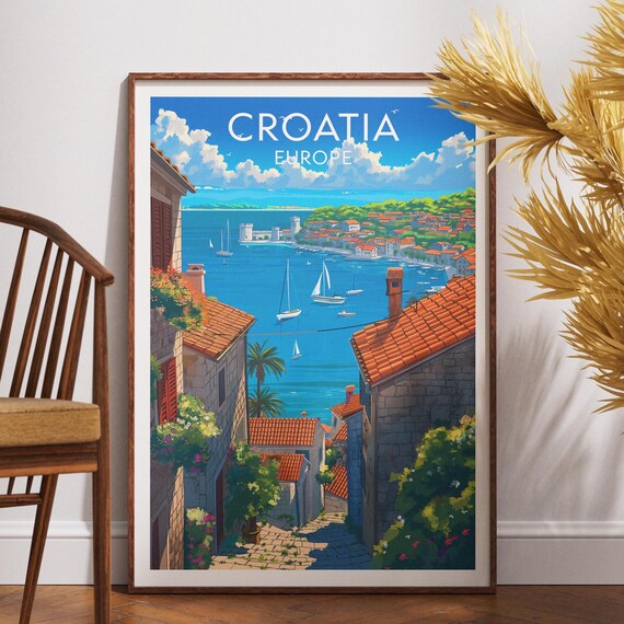 Croatia Europe Adriatic Coast Sailboats Vintage Travel Poster
