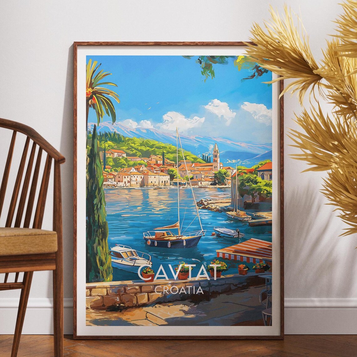 Cavtat Croatia Travel Poster Harbor Sailboats Seaside Town Vintage Art
