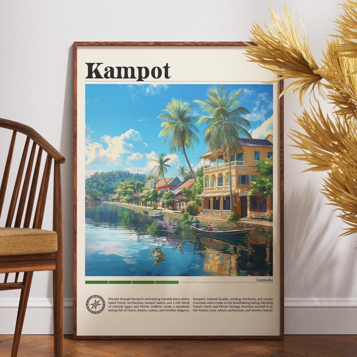 Kampot Cambodia Riverside Boats Palm Trees Golden Hour Travel Poster
