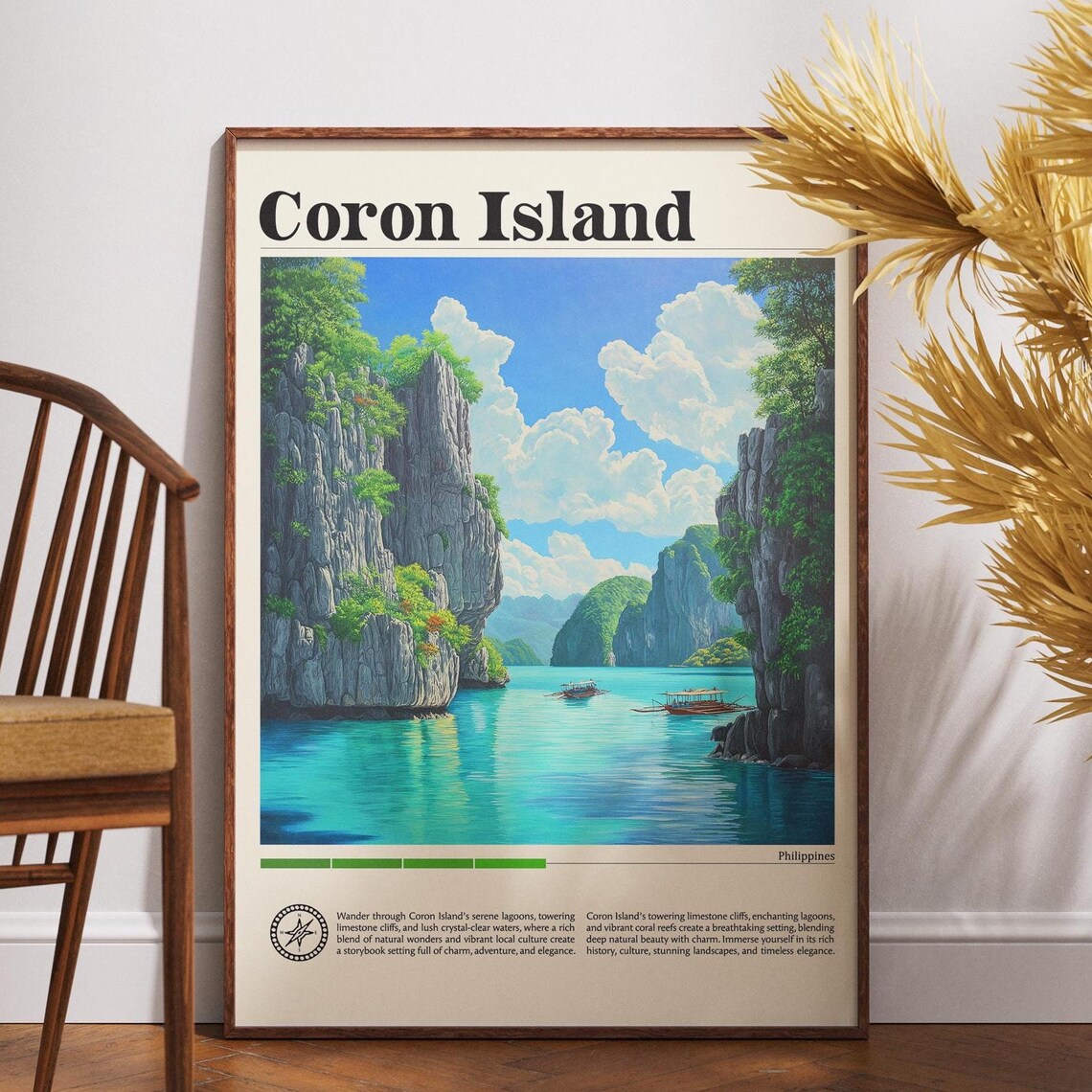 Coron Philippines Hidden Lagoon Karst Cliffs Boats Travel Poster Art