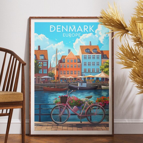 Denmark Europe Vintage Nyhavn Copenhagen Harbor Travel Poster