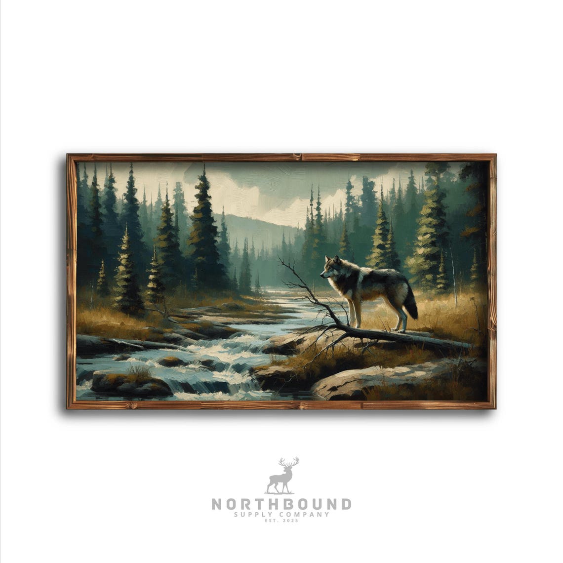 Lone Wolf by Mountain Stream Pine Forest Wildlife Art Poster