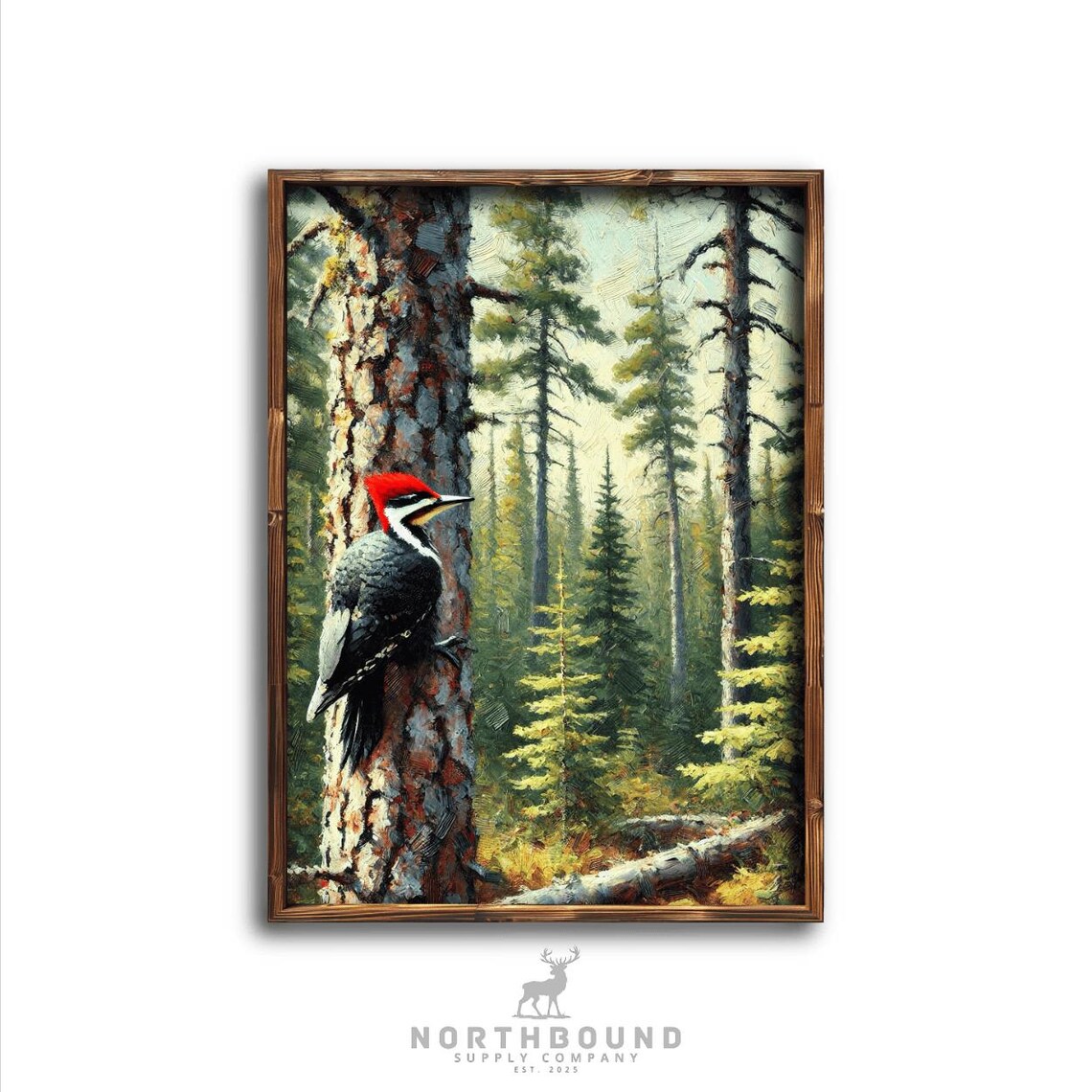 Pileated Woodpecker On Pine Tree Trunk Wildlife Painting Poster
