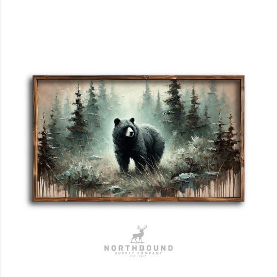Black Bear Art Print Impressionistic Acrylic Painting Pine Forest Landscape Moody Foggy Scene Forest Wildlife Decor
