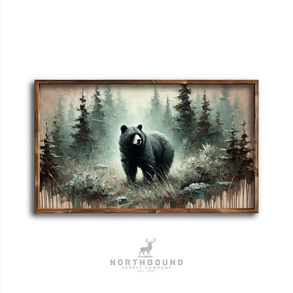 Black Bear in Misty Pine Forest Impressionistic Wildlife Poster