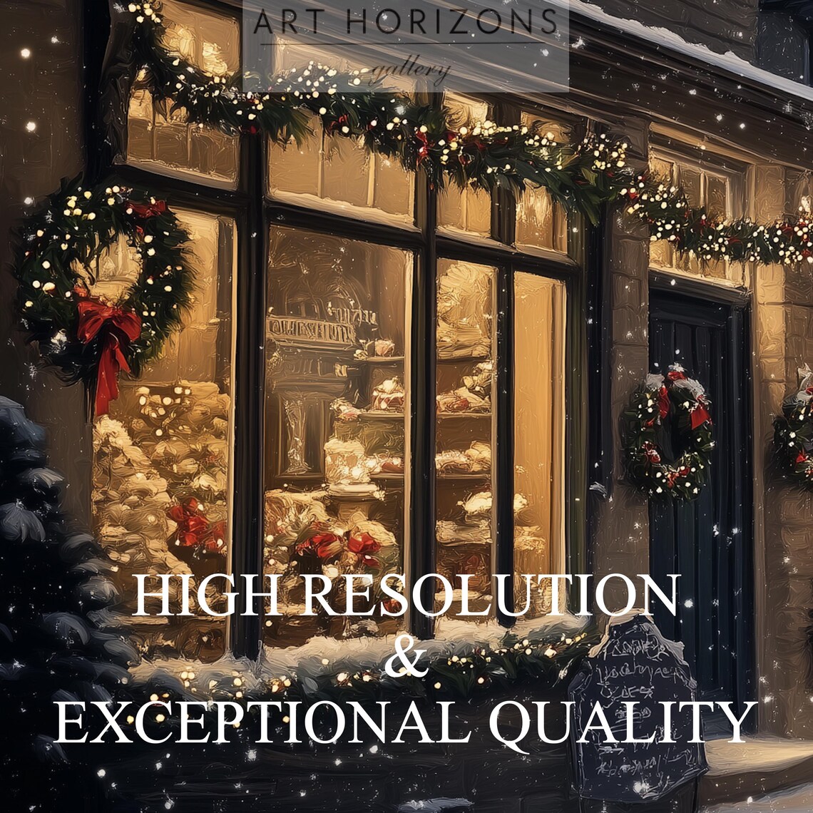 Cozy Snowy Village Street Lit Shops Garlands Winter Night Print - Image 3