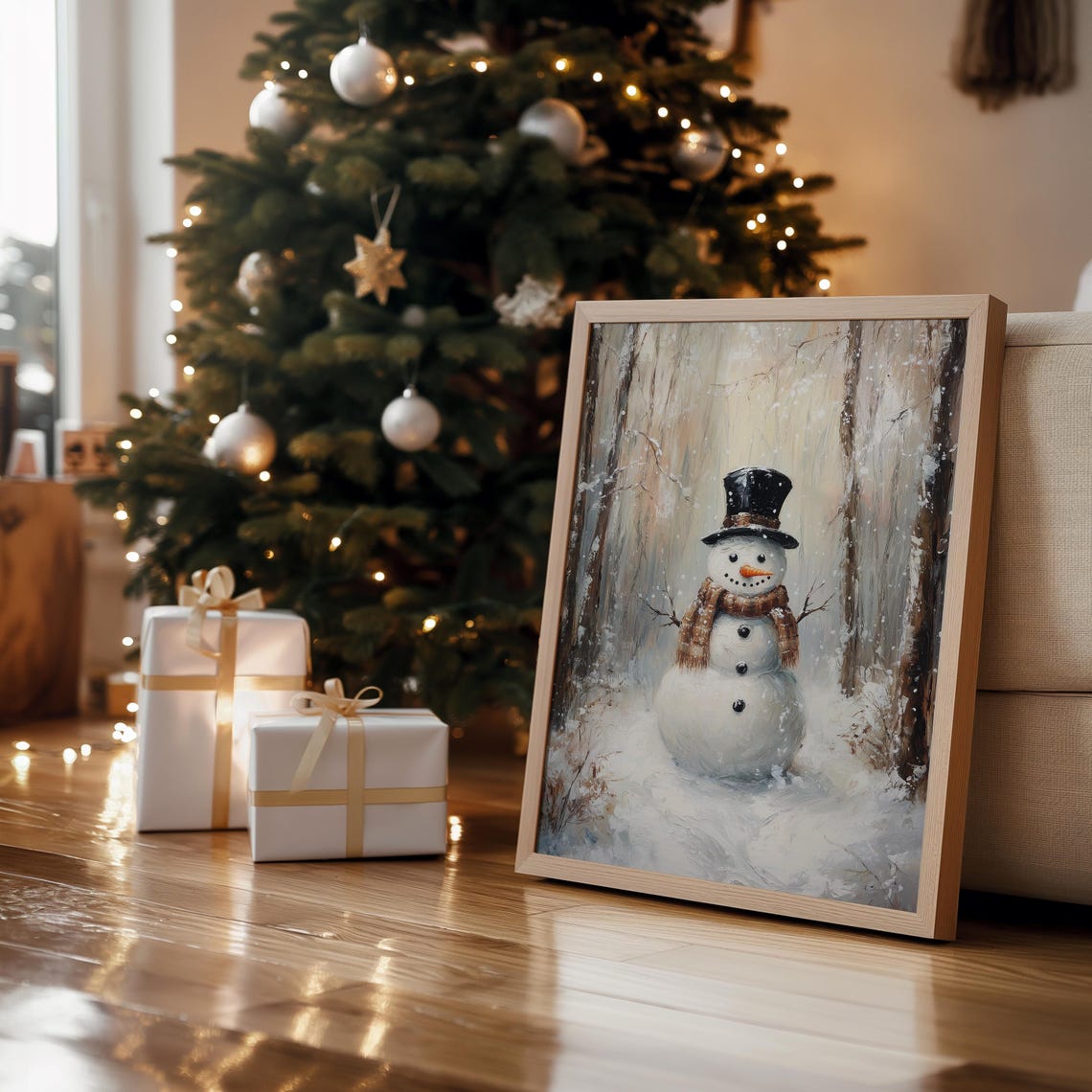 Vintage Snowman Oil Painting Snowy Wall Art Farmhouse Christmas Wall Art Winter Forest Snowman Print Antique Painting A121 - Image 2