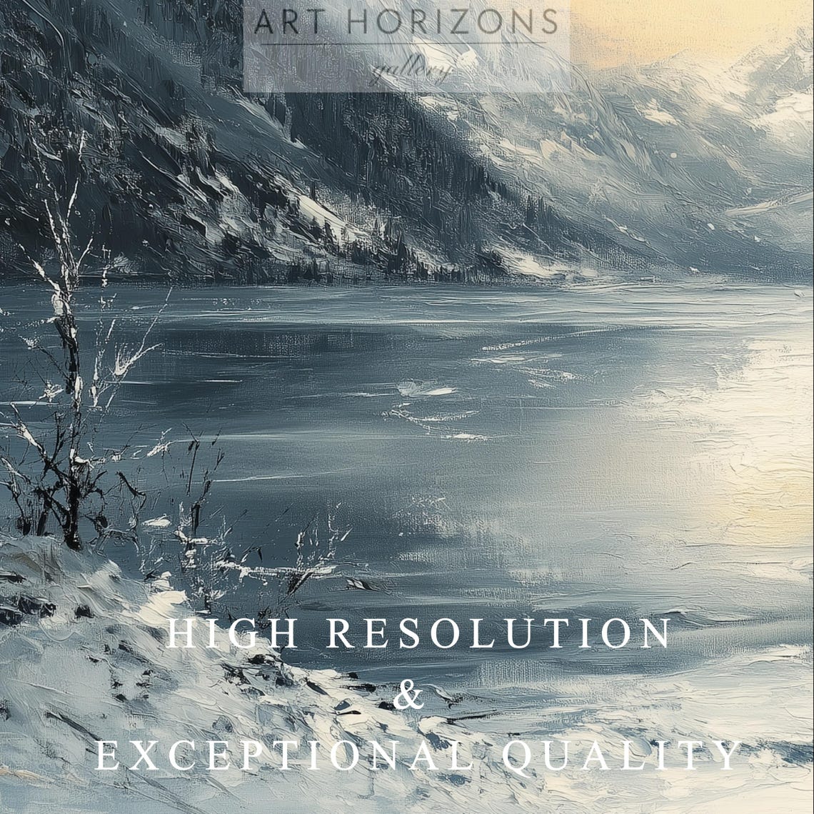 Snowy Mountain Lake Golden Sunset Winter Landscape Oil Painting Poster - Image 3
