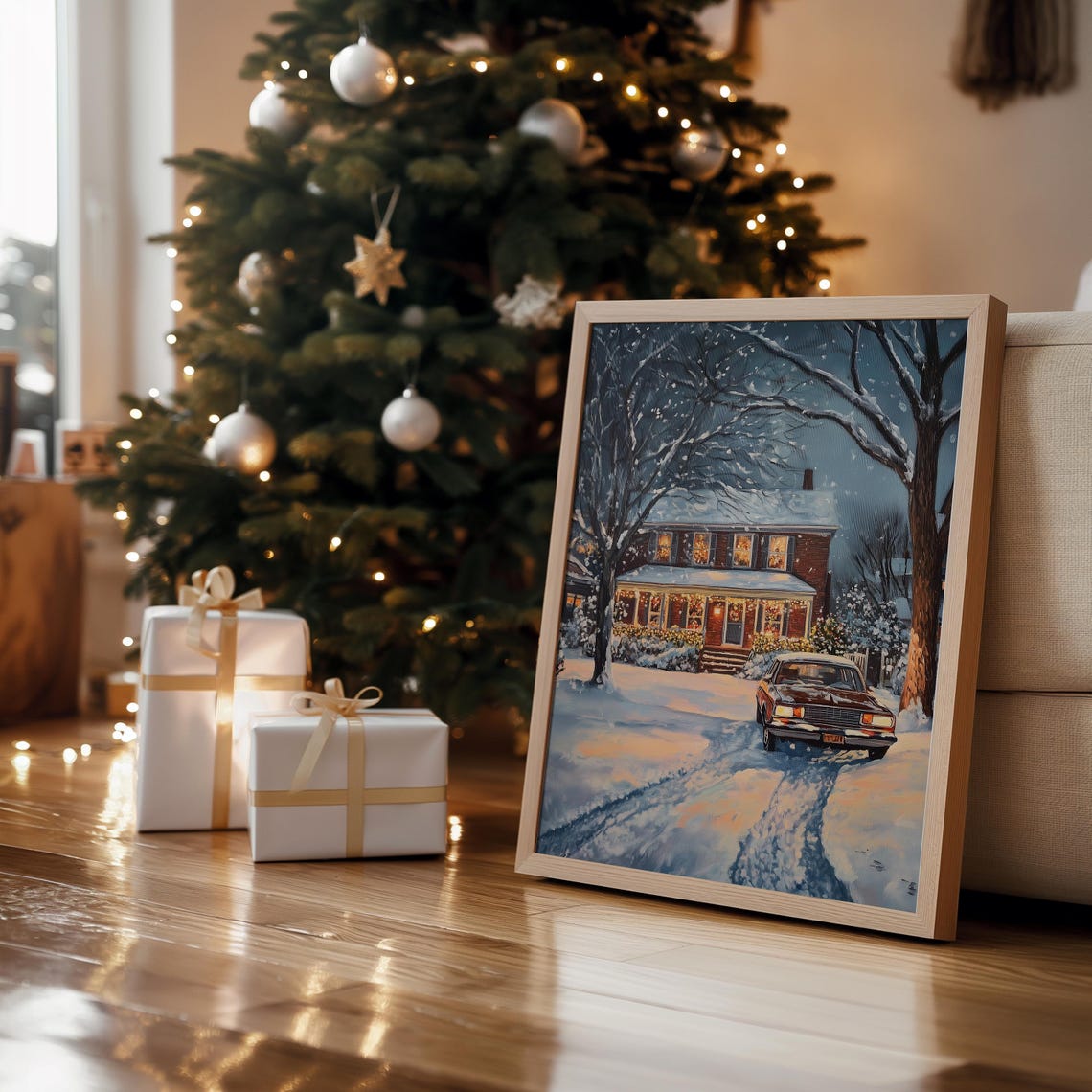 Brick House with Christmas Lights Vintage Car Snowy Night Art Print - Image 4