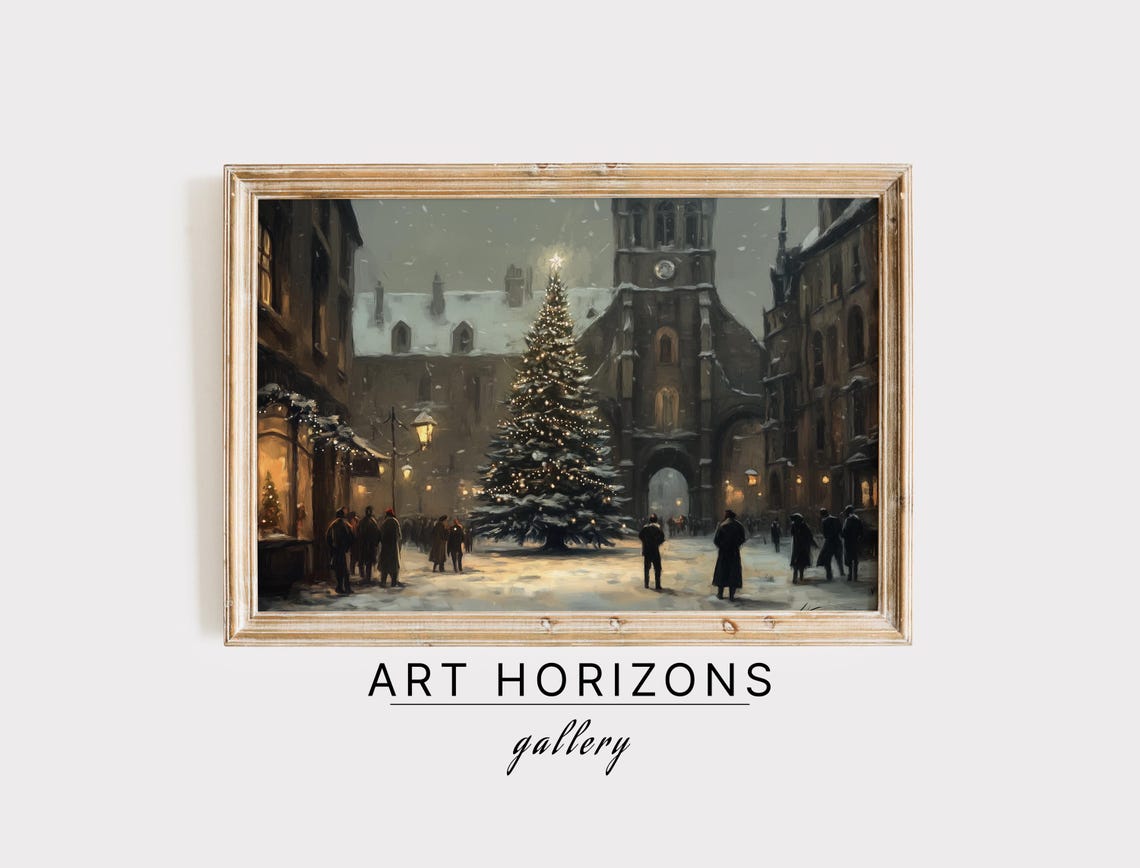 Vintage Christmas Town Square Lit Tree Church Moody Winter Print