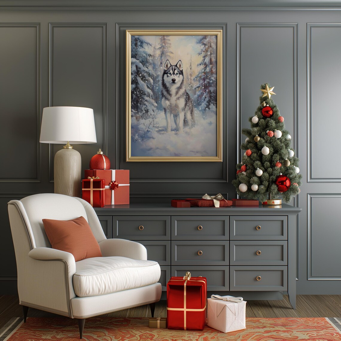 Husky Dog in Snowy Forest Winter Oil Painting Animal Portrait Poster - Image 2