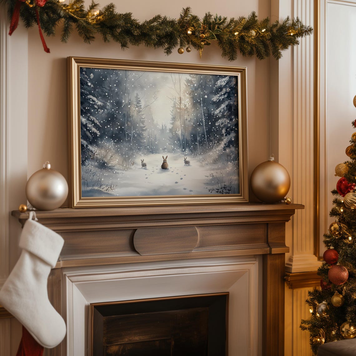 Winter Bunnies In Snowy Forest Falling Snow Watercolor Art Print - Image 3