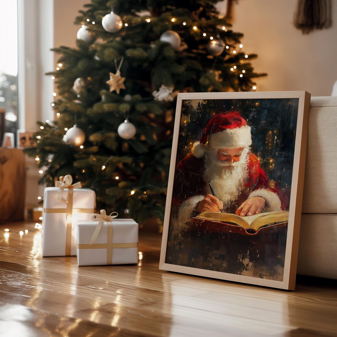 Santa Claus Writing Nice List Book Portrait Warm Glow Christmas Art - Image 2